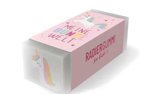 Einhorn Radiergummi mit Bunter Welt Design, Rosa Box mit Regenbogen-Einhorn Motiv von la vida GmbH