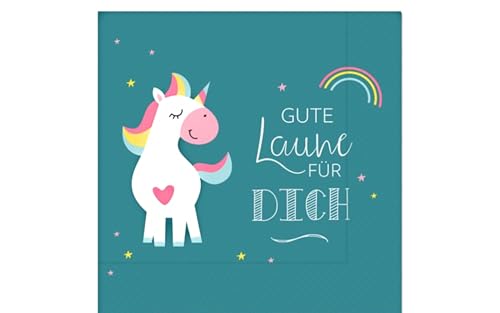 Einhorn Servietten, Gute Laune Design, Türkis mit Regenbogen, Party Tischdekoration von la vida GmbH