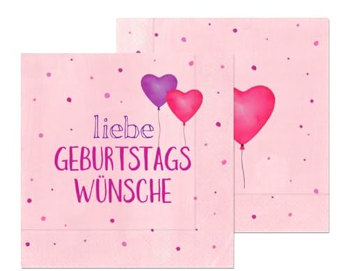 Serviette mit Herzballon-Motiv, Rosa und Lila, 'Liebe Geburtstagswünsche', 20 Stück von la vida GmbH