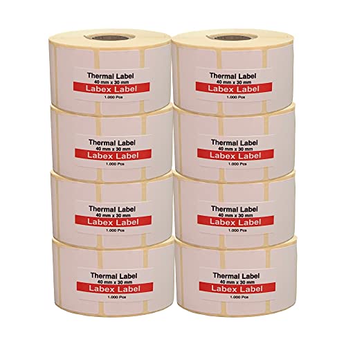 Labex Label - Thermodirekt etiketten 40x30 mm | Zebra Etiketten - Thermoetiketten auf rolle; 8.000 stück - Thermodrucker etiketten - 8 Role : 8.000 Thermo label Barcode/Adresse Thermo Etiketten von labex label