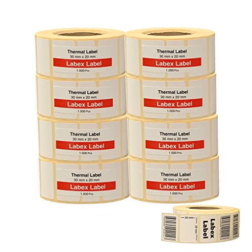 Labex Label - Thermodrucker etiketen 30x20 mm | Barcode labels - Etiketten auf rolle for thermodrucker - Thermo etikettem auf 8 Rolle ; 8.000 thermo label Barcode/Adresse Thermo Etiketten von labex label