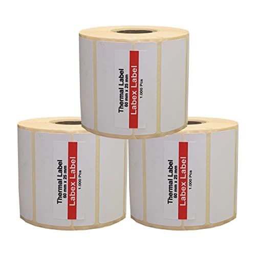 Labex Label - Thermo Etiketten 60x25 mm | Zebra etiketten - Thermo etiketten auf rolle; 1.000 stück - Thermodirekt etiketten - 3 Rolle ;3.000 Thermo label Barcode/Adresse Thermo Etiketten von labex label