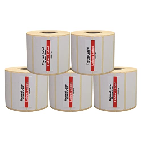 Labex Label - Thermo Etiketten 60x25 mm | Zebra etiketten, adressetiketten - 5 rolle; 1.000 stück - Thermodirekt etiketten - 5 Rolle ;5.000 Thermo label Barcode/Adresse Thermo Etiketten von labex label