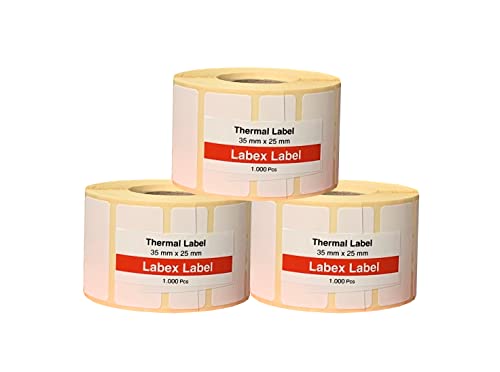 Labex Label - Thermodirekt etiketten 35x25 mm | Zebra etiketten - Thermoetiketten auf rolle; 1.000 stück - Thermodrucker etiketten - 3 Role : 3.000 Thermo label Barcode/Adresse Thermo Etiketten von labex label