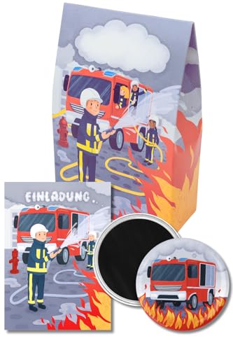 lachentutgut.de Feuerwehr Kindergeburtstag Set - Feuerwehr Einladungen, Mitgebseltüten und Magneten als Gastgeschenke für 6 Kinder (Feuerwehr) von lachentutgut.de