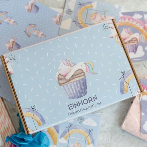 Ultimatives Partyset zum Einhorn Geburtstag - Baby Einhorn Kindergeburtstag Deko für Mädchen - Einladungen, Tischdeko und Mitgebseltüten - in einer Box- produziert in der EU, Startup aus Deutschland von lachentutgut.de