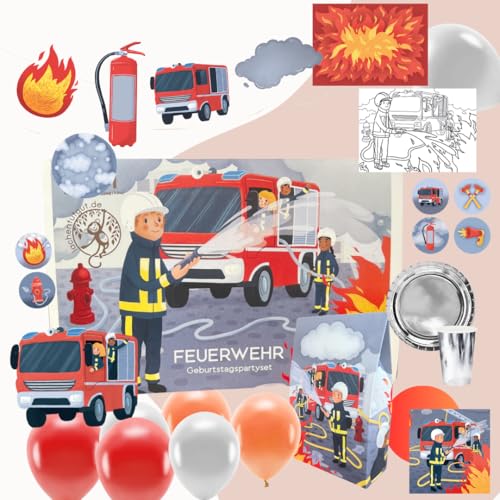 Partyset zum Feuerwehr Geburtstag - Kindergeburtstag Deko - liebevolle Produkte produziert in der EU inkl. Feuerwehr Einladungen auf Deutsch, Mitgebseltüten, Tisch und Raumdeko von lachentutgut.de