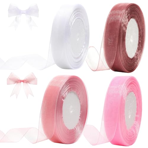 4 Rollen 45m Chiffon Ribbon, 22mm Breit Geschenkband hochzeit satinband geschenkband grün organzaband Schleifenband Chiffonband Dekoband für Geschenkverpackung Hochzeitsdekoration (Rot) von laeeyin