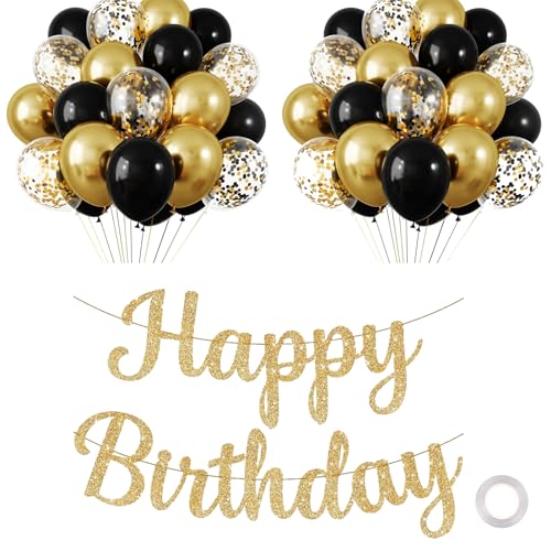 lafo Geburtstag Dekoration Set, 30 Stück Gold Schwarz mit Gold Konfetti Ballons mit Happy Birthday Girlande Gold, Gute zum Geburtstag Party Deko von lafo