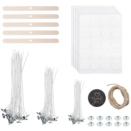 lafo Kerzendocht 100 Stück Kerzendochte Cotton Candle mit 100pcs Docht Aufkleber 5pcs Holzfixierer 10pcs Halter aus Metall für Kerzen Selber Machen（10/15/20cm） von lafo