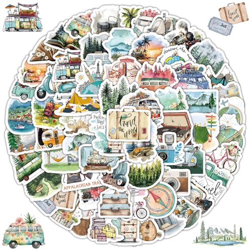 100 Stück Reiseaufkleber, Reisen im Freien Sticker Set, Camping Aufkleber in Mini-Größe für Journaling, Scrapbook, Koffer, Skateboard, Handyhülle, Laptop, Kartengestaltung von lafomukea