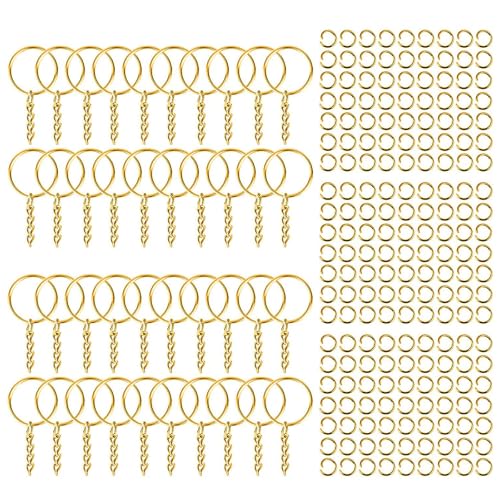 200-teiliges Schlüsselanhänger-Set, goldfarbene Metall-Schlüsselanhänger, flache runde Ringe mit Kette und Biegeringen, Metall-Schlüsselanhänger für Bastelarbeiten, Charm-Schmuckherstellung, von lafomukea