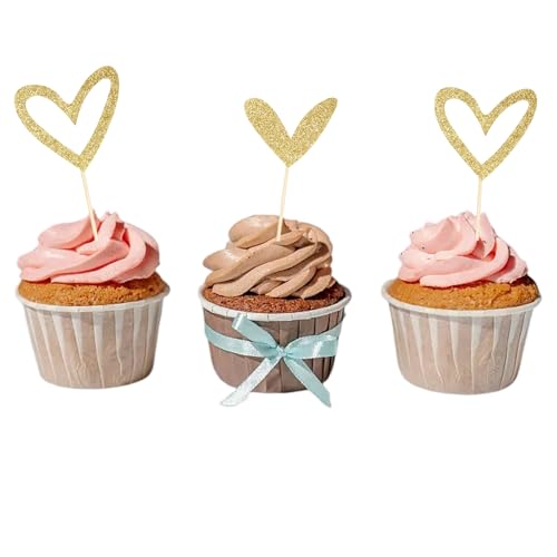 24 Stück Cupcake Topper, Herzförmiger Kuchenaufsatz, Tortendeko Gold Cupcake Picks Glitter Herz Cupcake Topper, Herz Cake Deco Topper Kuchen Dekorieren Toppers für Geburtstage, Hochzeiten, Party von lafomukea