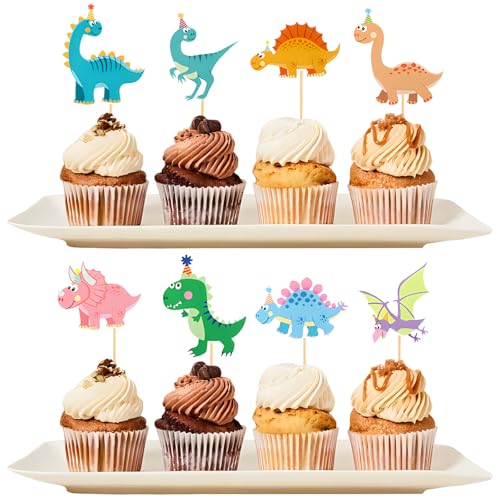 32 Stück Dinosaurier Cupcake Toppers, Dinosaurier Thema Geburtstagstorte Topper, Tier Cupcake Topper für Jungen, Kinder, Baby Shower von lafomukea