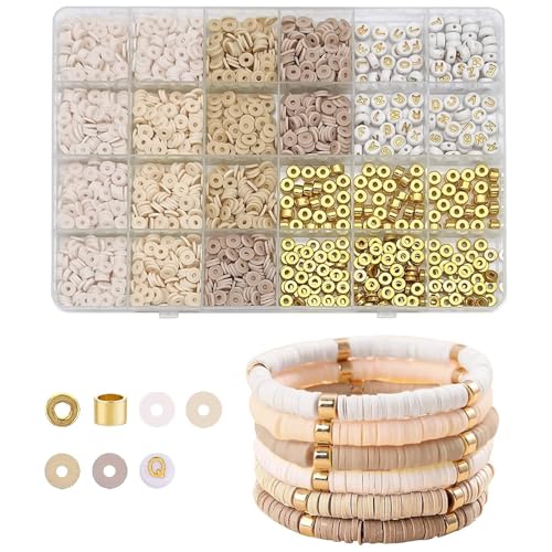 2064 Stück Weiße Perlen Set, 6mm Polymer Clay Perlen Armbänder Selber Machen Set A-Z Perlen Buchstaben Weiß mit Tonperlen und Gold Zwischenperlen für DIY Perlen Set Schmuck Bracelet Making Kit von lafomukea