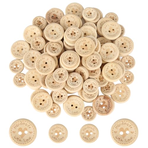 lahnao 100 Stück Holzknöpfe "Handmade with Love", 15/20mm Runde Knöpfe Kinder, Holzknöpfe Natur, Handmade Knöpfe zum Nähen und Basteln von lahnao