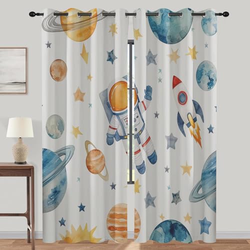 lajGalimau Astronaut Vorhänge, Gardinen mit Ösen, Cartoon Rakete Planet Kinder Vorhang Blickdicht, Schlafzimmer Wohnzimmer Thermovorhang, Verdunklungsvorhänge 2er Set, H 137 x B 117 cm von lajGalimau