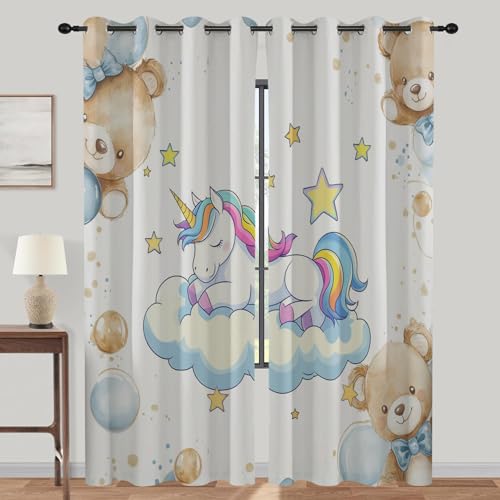 lajGalimau Cartoon Einhorn Vorhänge, Gardinen mit Ösen, Kinder Sterne Süßer Teddybär Vorhang Blickdicht, Schlafzimmer Wohnzimmer Thermovorhang, Verdunklungsvorhänge 2er Set, H 137 x B 117 cm von lajGalimau