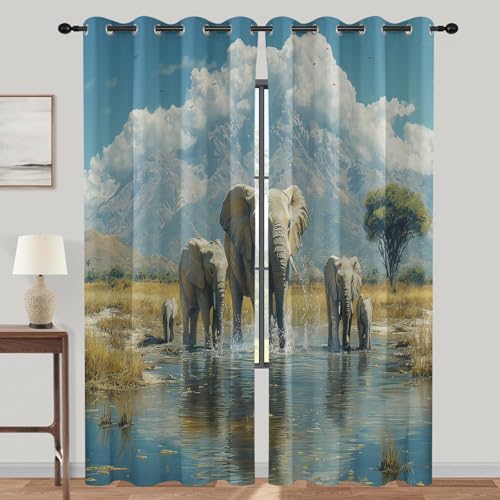 lajGalimau Elefant Vorhänge, Gardinen mit Ösen, Berg Afrikanische Tiere Vorhang Blickdicht, Schlafzimmer Wohnzimmer Thermovorhang, Verdunklungsvorhänge 2er Set, H 137 x B 117 cm von lajGalimau