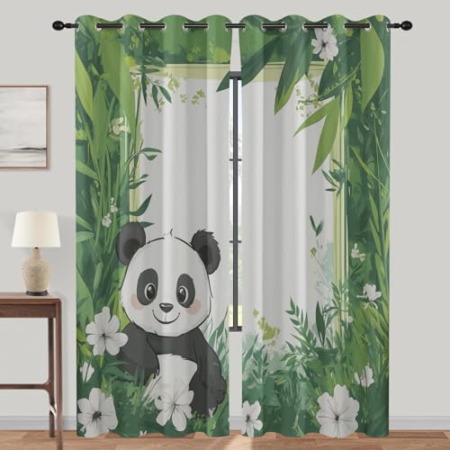 lajGalimau Süßer Panda Vorhänge, Gardinen mit Ösen, Cartoon Tier Anlage Blumen Vorhang Blickdicht, Schlafzimmer Wohnzimmer Thermovorhang, Verdunklungsvorhänge 2er Set, H 137 x B 117 cm von lajGalimau