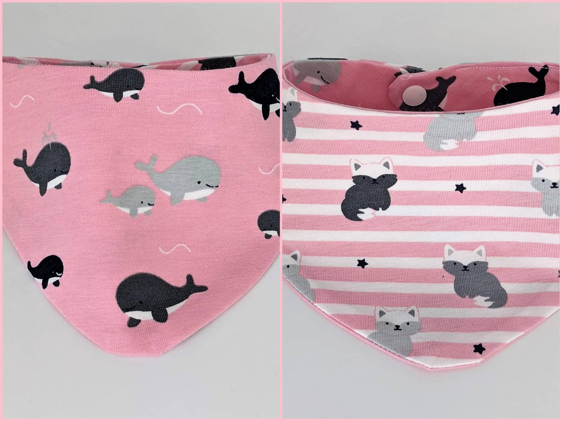 Baby Wende Lätzchen | Mädchen 0-3 Jahre Füchse/Wale Weiß Rosa/Ringel Jersey Sabberlatz Halstuch Bib von lamaika