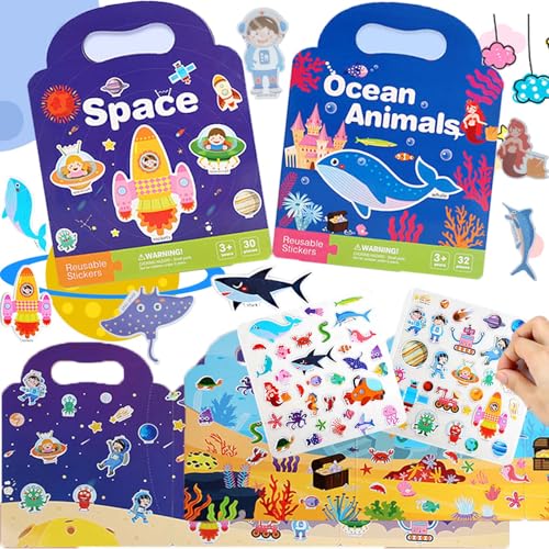 lankai 2 Stück Stickerbuch Für Kinder, Wiederverwendbares Stickerbuch, Kleinkinder Sticker, Sticker Kinder Stickerbuch Ab 3 Jahre, Weltraum Stickerbuch, Meeresleben Stickerbuch, Geschenk Kinder(Blau) von lankai