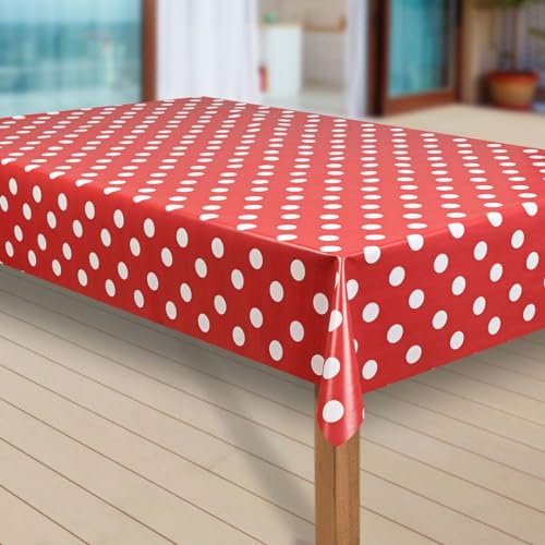 laro Wachstuch-Tischdecke Abwaschbar Garten-Tischdecke Wachstischdecke PVC Plastik-Tischdecken Eckig Meterware Wasserabweisend Abwischbar |37|, Muster:Punkte rot, Größe:140x400 von laro