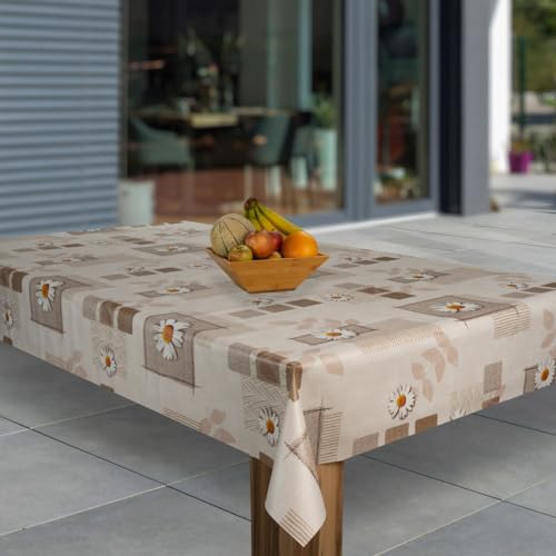 laro Wachstuch-Tischdecke Abwaschbar Garten-Tischdecke Wachstischdecke PVC Plastik-Tischdecken Eckig Meterware Wasserabweisend Abwischbar G03, Muster:Margerite Braun Beige, Größe:140x280 von laro