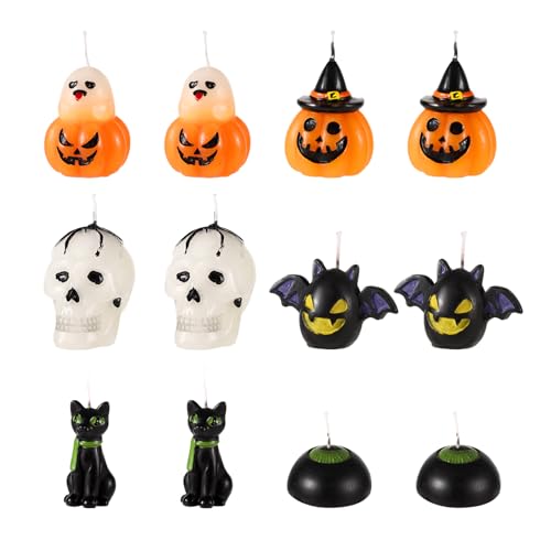 12 Stück Halloween Kerzen, Süßer Geist Kürbis Kerzen Gruselig Totenkopf Schwarze Katze Augapfel Fledermauskerze Halloween-Dekorationskerzen für Herbst Halloween Partygeschenk Zuhause Dekor von lasuroa