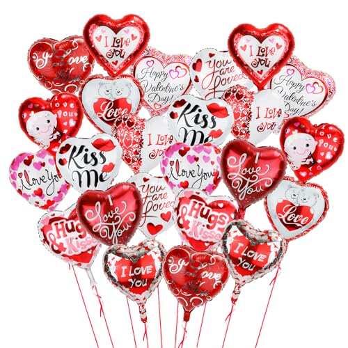 45 cm 24 Stück Valentinstag Ballon, Bunte Valentinstag Herzballons aus Folie Romantisches I Love You Design Valentinstag Partyzubehör Dekoration für Hochzeitstag, mit Band von lasuroa