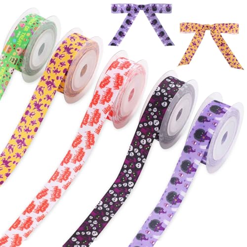 5 Rollen Halloween-Ripsband, Polyester Halloween Geschenkband 4,5m Gesamtlänge Halloween-Band mit Drahtkante Geschenkband für Halloween-DIY-Bastelparty-Dekoration von lasuroa