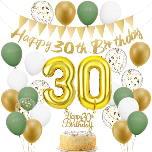 Dekorationen zum 30. Geburtstag, Banner Alles Gute zum 30. Geburtstag mit Geburtstagskuchendekoration Zahl 30 Folienballons Salbeigrün Platin-Geburtstagsballons für Damen und Herren von lasuroa