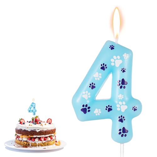 Geburtstag Zahl Kerze mit Pfotenabdruck, 10,5x4cm Zahlenkerzen für Torte Hunde Katzen Kerzen Geburtstag für Haustier Blau Kerze für Geburtstagskuchen Haustier Partydeko (Nummer 4) von lasuroa