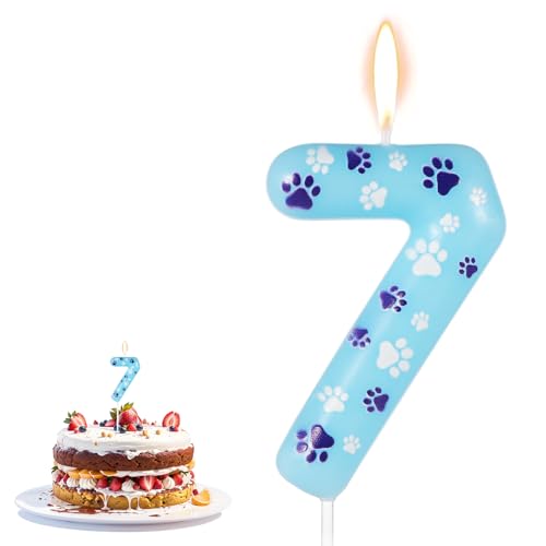 Geburtstag Zahl Kerze mit Pfotenabdruck, 10,5x4cm Zahlenkerzen für Torte Hunde Katzen Kerzen Geburtstag für Haustier Blau Kerze für Geburtstagskuchen Haustier Partydeko (Nummer 7) von lasuroa