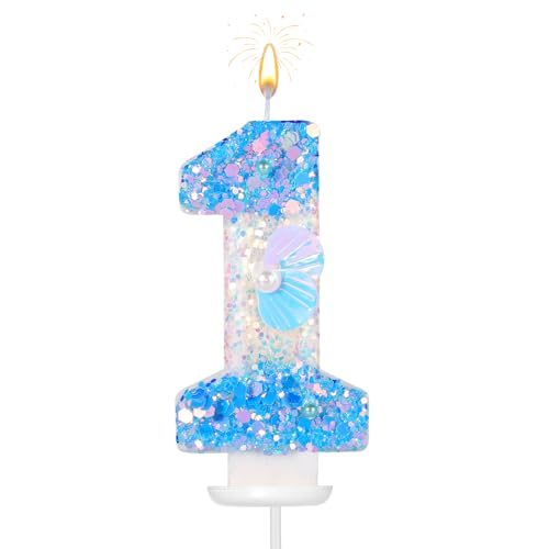 Geburtstag Zahlen Kerzen, 7,5cm Strand-Themen Zahlen Kerzen Glitzer Zahlenkerze Muschel Pailletten 3D Geburtstagskerzen für Torte Nummer Kuchendekoration für Hochzeit Babyparty Party (1) von lasuroa