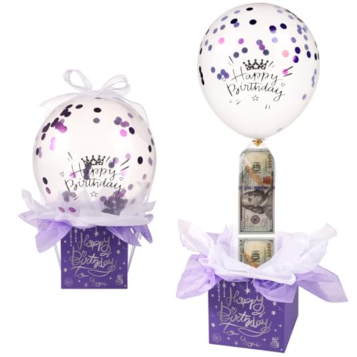 Pull Geld Ballon Box für Geldgeschenke, Lustig Happy Birthday Überraschungsset mit Ballon Band Ballon Halter Pull Money Balloon Box Herausziehbare Geschenke für Freundin Ehefrau (Lila) von lasuroa