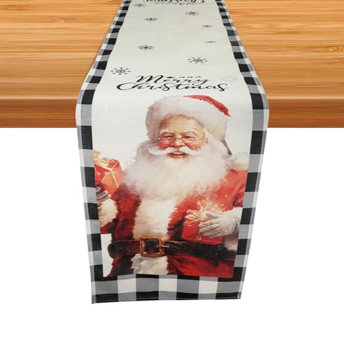 Weihnachtstischläufer, 33x183cm Sackleinen Weihnachtstischdecke Schwarz Kariert Weihnachts Tischdecke Bedruckt mit Merry Christmas Weihnachtsmann Schneemann für Weihnachtliche von lasuroa