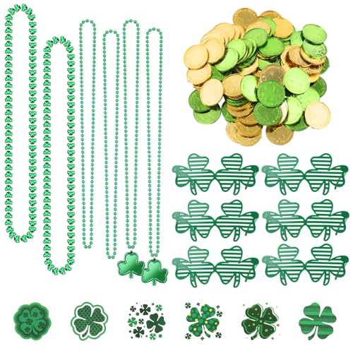 lasuroa 144 Teiliges Partygeschenk Set zum St. Patrick's Day, Einschließlich Kleeblatt Brille Halskette Plastikmünzen und Tattoo Aufklebern st Patricks Day Dekoration von lasuroa