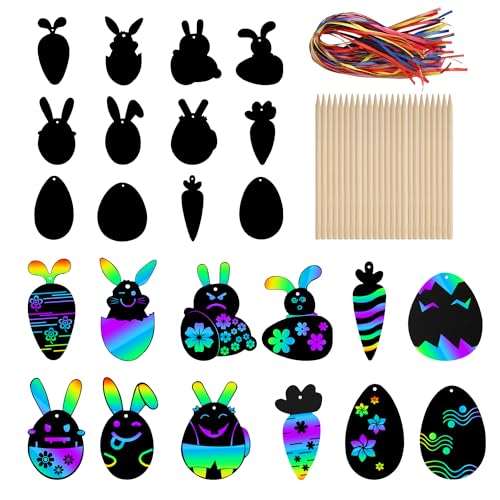 48-Teiliges Ostern Kratzbilder Set, Kratzbilder Kinder mit Holzstäben und Bunten Bändern, Lustig Regenbogen Kratz Kunst Oster-Bastelset für Kinder Jugendliche Oster-Partygeschenke von lasuroa