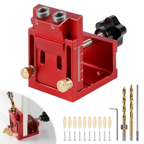 lcyen Pocket Hole Jig Set, Bohrschablone für Holzdübel, Bohrschablone für Winkellöcher mit 10 Kunststoffdübeln, 10 automatischen Schrauben, 1 Schraubenschlüssel, 2 Bohrern und einem Elektroschr (Rot) von lcyen