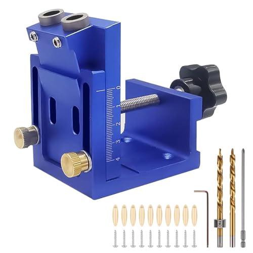 lcyen Pocket Hole Jig Set, Bohrschablone für Holzdübel, Bohrschablone für Winkellöcher mit 10 Kunststoffdübeln, 10 automatischen Schrauben, 1 Schraubenschlüssel, 2 Bohrern und einem Elektroschr (Blau) von lcyen