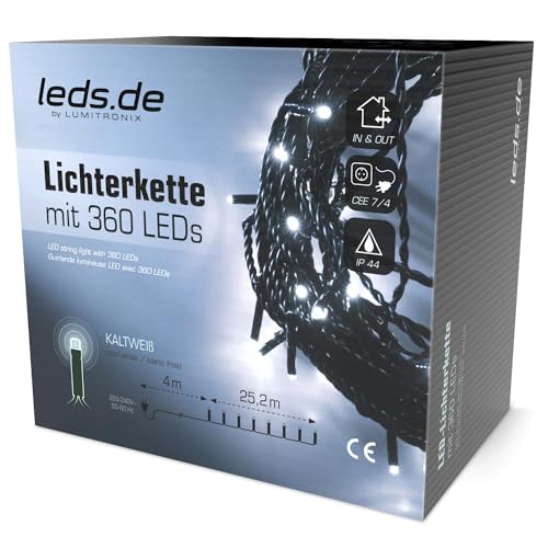 leds.de LED-Lichterkette kaltweiß, 360 LEDs, 29m I Weihnachtsbeleuchtung für innen & außen I Umweltfreundliche Weihnachtsbaum Lichterkette I LED Kette von leds.de by LUMITRONIX