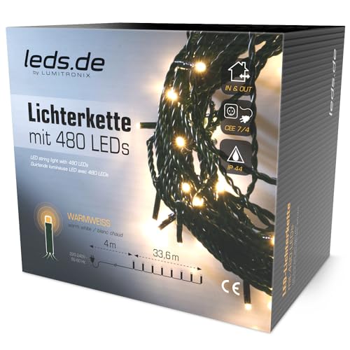 leds.de LED-Lichterkette warmweiß, 480 LEDs, 38m I Weihnachtsbeleuchtung für innen & außen I Umweltfreundliche Weihnachtsbaum Lichterkette I LED Kette von leds.de by LUMITRONIX