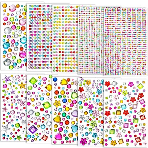 3000 Stück Glitzersteine Selbstklebend, Aufkleben Glitzersteine Zum Basteln Glitzersteine Gesicht Für Bastel-DIY, Selbstklebende Strasssteine Glitzer Sticker, Mehrfarbig, verschiedene Formen, Größen von leersao