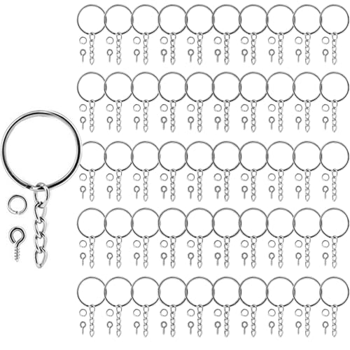 Schlüsselring mit Kette 150 Schlüsselanhänger Basteln Set,50Schlüsselanhänger Ringe Kette + 50 Schrauböse Pins- + 50Schlüsselringe 25mm für Schlüssel Handwerk DIY, Taschen Schmuckherstellung (Silber) von leersao