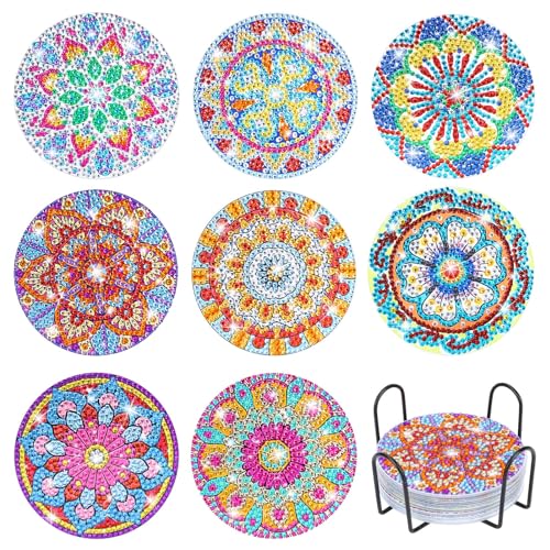 lefeindgdi 8 Pack Diamond Mandala Untersetzer mit Halter - Diamond Painting Untersetzer Malen Nach Zahlen Basteln DIY Diamant Painting Untersetzer für Erwachsene & Kinder Mädchen 8-12 Jahre von lefeindgdi