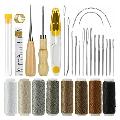 Leder Werkzeuge Set 29 Stück Hand Ledernadeln Handwerk Ledernähset Nähzubehör, Lederwerkzeuge Und Zubehör, Lederbearbeitungswerkzeuge Mit Nadeln, Nähfaden, Nähahle, Fadenschere, Fingerhut,etc von lencyotool