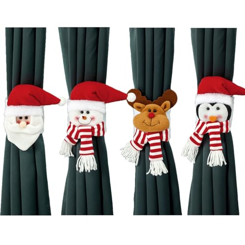 Raffhalter für Vorhänge 4 Stück Weihnachten Gardinen Raffhalter Cartoon Vorhangschnalle Weihnachtsmann Schneemann Elch Pinguin Puppen Vorhang Binder für Weihnachten Home Window Deko (Kombination 1) von lenpestia