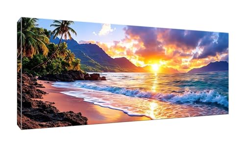 Malen Nach Zahlen Erwachsene, Hawaii Strand, DIY Vorgedruckte Leinen Leinwand Anfänger Kinder Ölgemälde Kits, Home Haus Dekorieren Geschenk mit 3 Pinsel und Acrylpigment, 25x50cm (Ohne Rahmen) W-333 von lewwmn