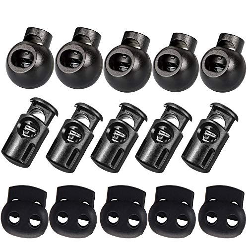 45 Stück Kordelstopper Kordelklemme Schwarz Gummi, Schnürsenkel Stopper,Kordelklemme für Seile Endfeder Toggle Stopper Slider, 30 Stück Kordelstopper 8mm 1 Loch, 15 Stück Kordelstopper 5mm 2 Loch von linjinde